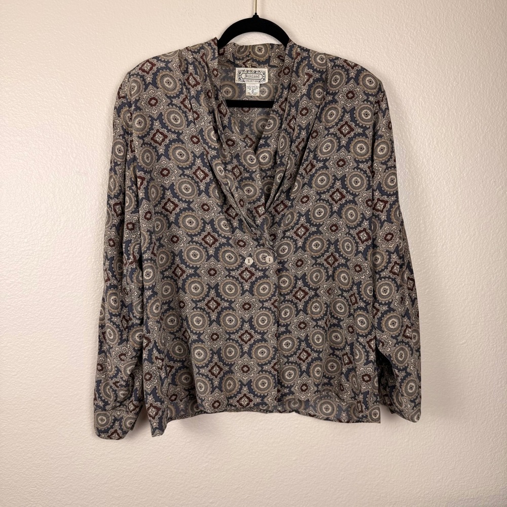 Vtg Silkland Collection Blouse Women 14 Silk Retro Medallion Office Shawl Collar